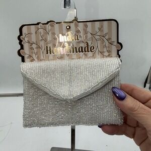 India Handmade Beaded Pouch Iridescent White Glass Bead Envelope Clutch